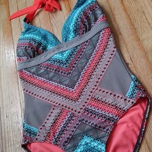 Prana One Piece Swimsuit Orange and Aqua Design